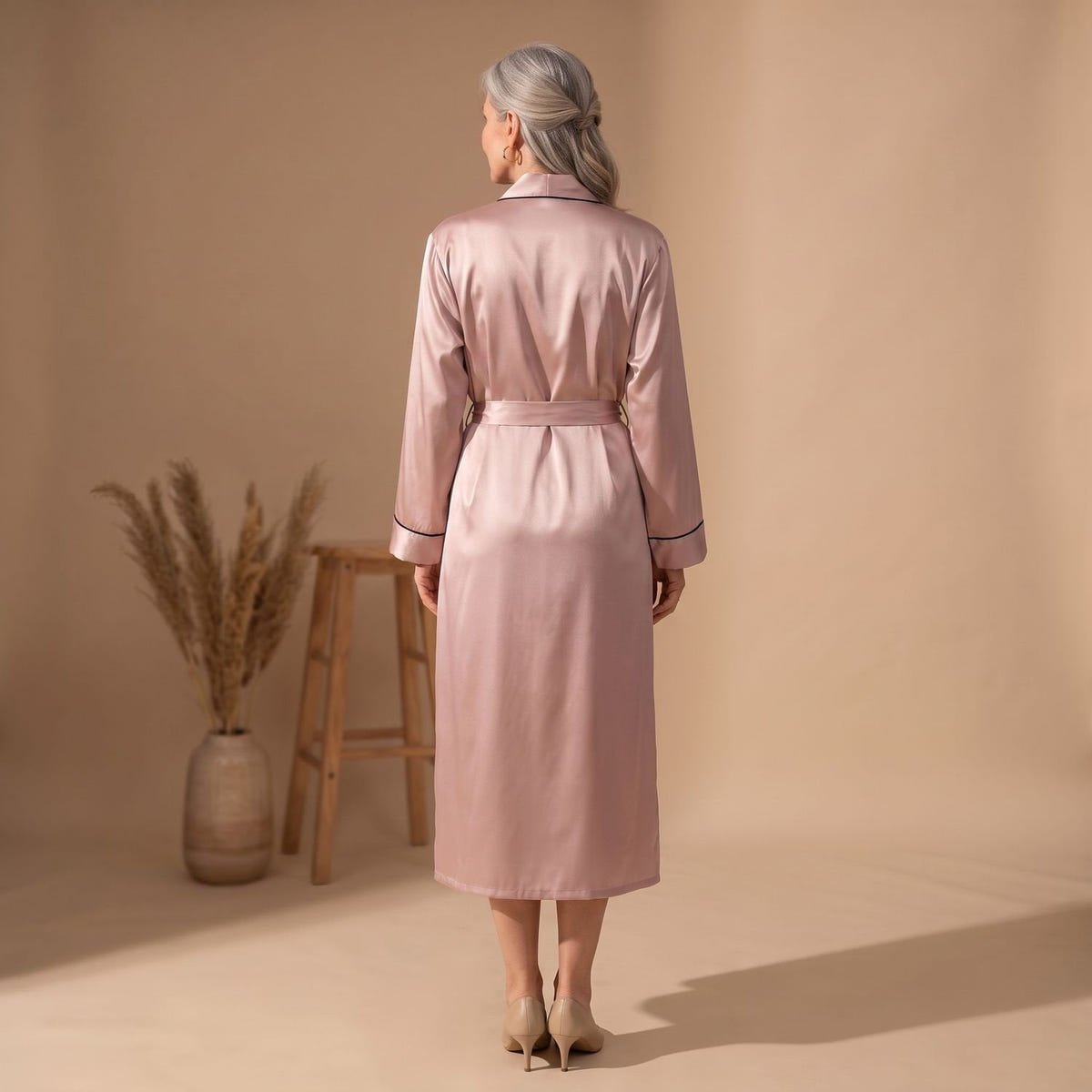 Catalina | Women's Satin Long Sleeve Shawl Collar Contrast Piping Belted Robe