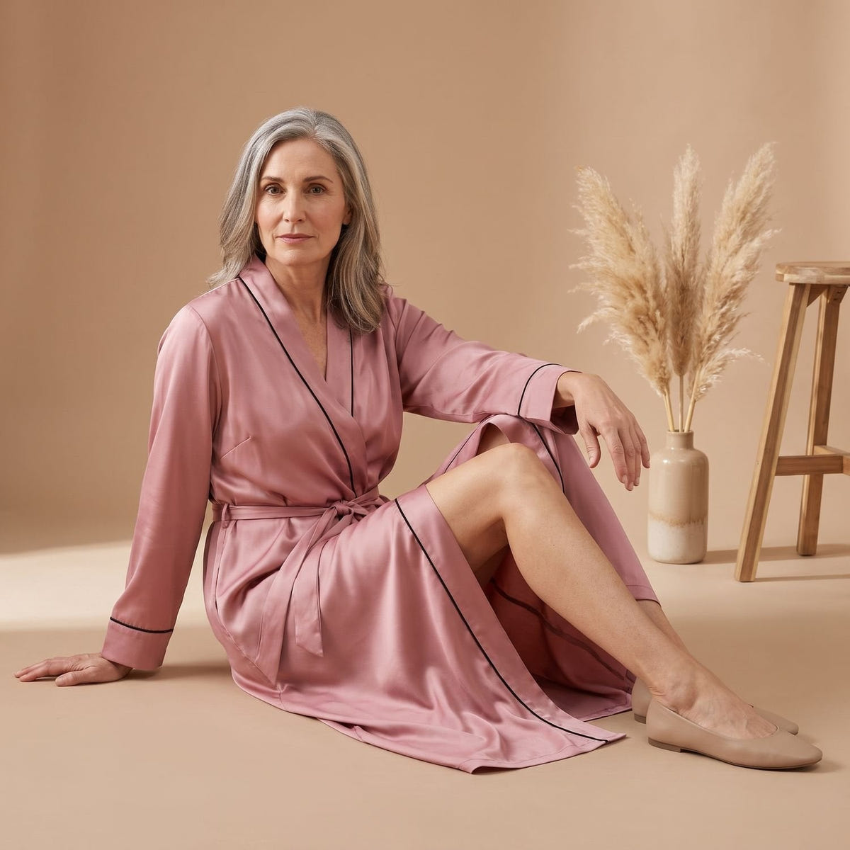 Catalina | Women's Satin Long Sleeve Shawl Collar Contrast Piping Belted Robe