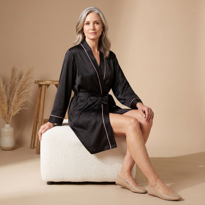 Catalina | Women's Satin Long Sleeve Shawl Collar Contrast Piping Belted Robe