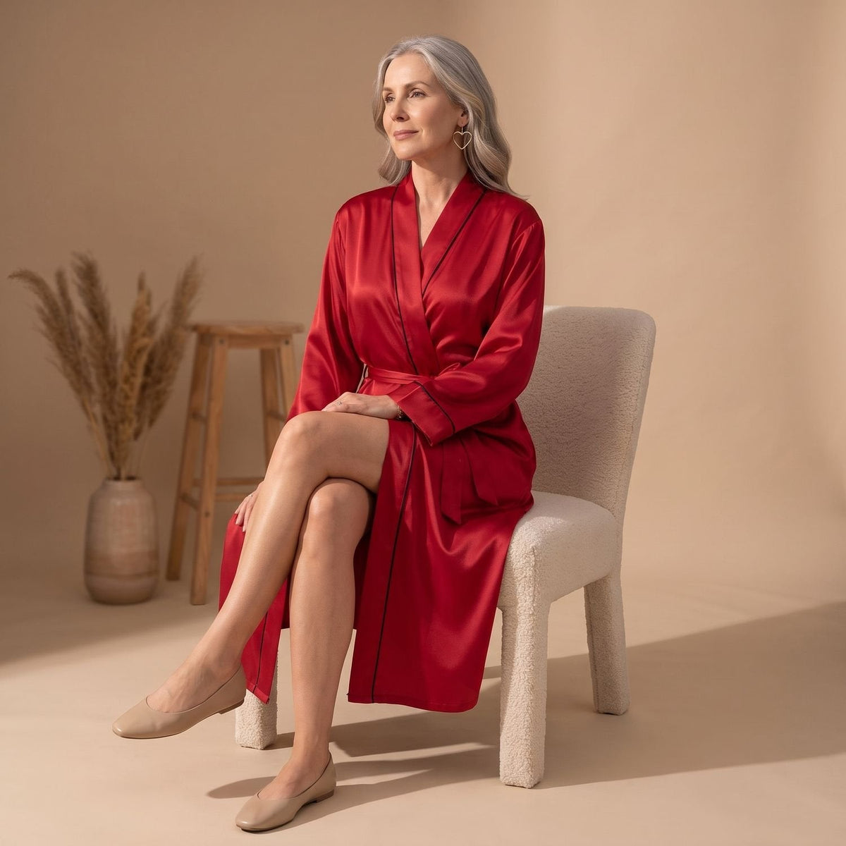 Catalina | Women's Satin Long Sleeve Shawl Collar Contrast Piping Belted Robe