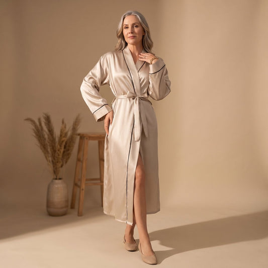 Catalina | Women's Satin Long Sleeve Shawl Collar Contrast Piping Belted Robe