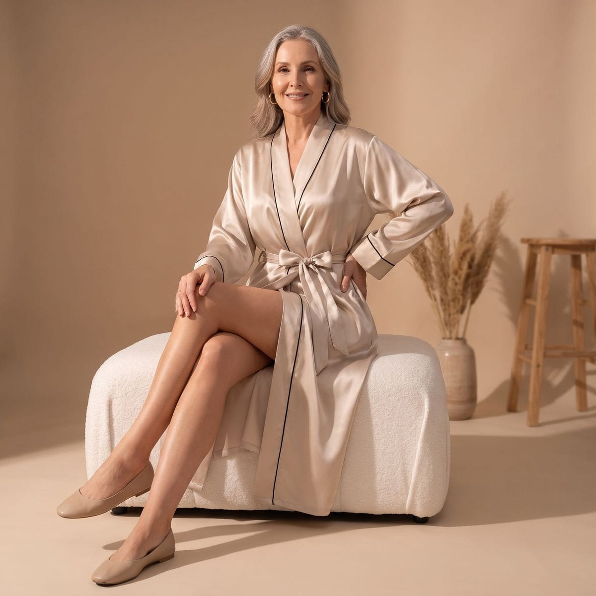 Catalina | Women's Satin Long Sleeve Shawl Collar Contrast Piping Belted Robe
