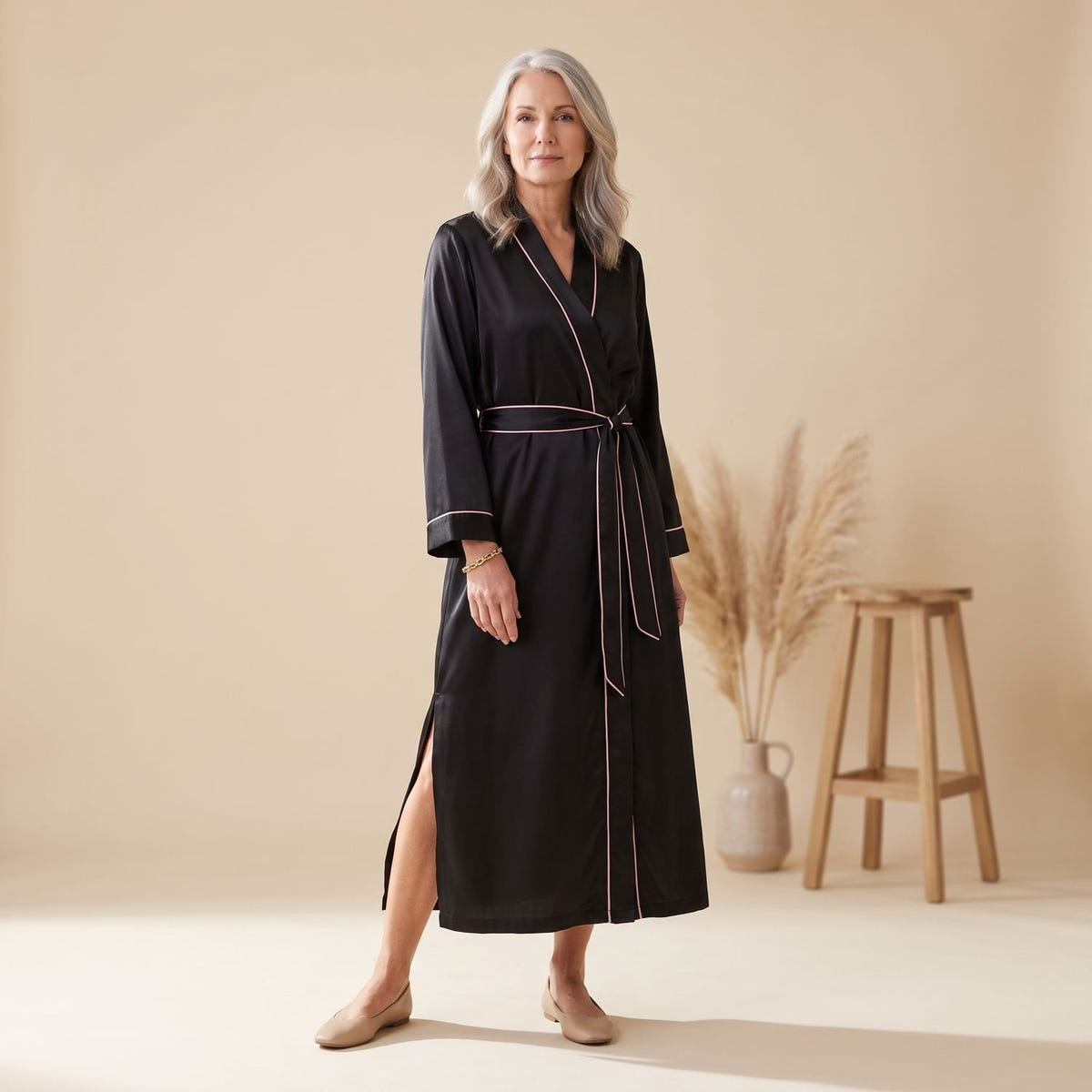 Catalina | Women's Satin Long Sleeve Shawl Collar Contrast Piping Belted Robe